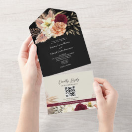 QR Code Bourgondische Zwarte Bloemige Bruiloft All In One Uitnodiging