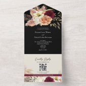 QR Code Bourgondische Zwarte Bloemige Bruiloft All In One Uitnodiging (Binnen)