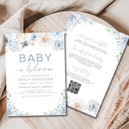 QR Code Boy Blue Baby in Bloom Baby shower Kaart