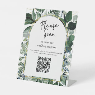 QR code bruiloft programma Modern Botanische Green Reclamebord Met Voetstuk