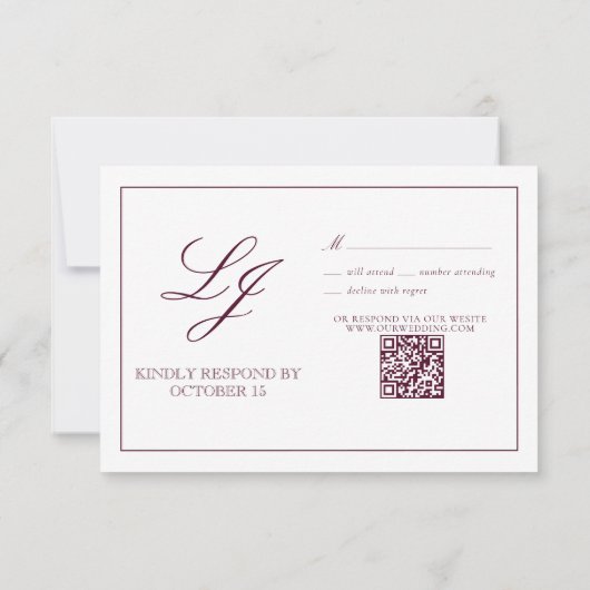 QR-code Bruiloft RSVP Burgundy Script Monogram (Achterkant)
