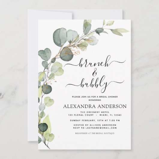 QR Code Brunch & Bubbly Bruiloftsfeest Eucalyptus Kaart (Voorkant)