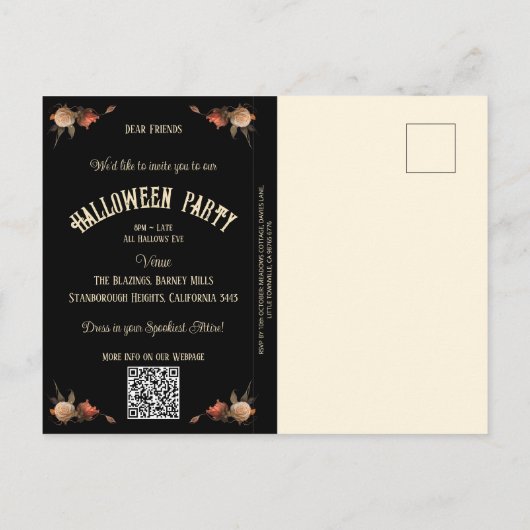 QR Code Budget Skeletten RSVP Halloween Uitnodigin Briefkaart (Achterkant)