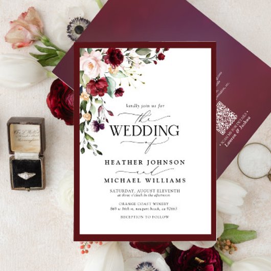 QR Code Burgundy Blush Floral Waterverf Script Kaart