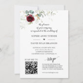 QR-code Burgundy Floral Greenery Gold Wedding Kaart (Voorkant)