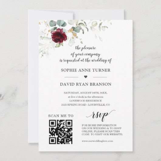 QR-code Burgundy Floral Greenery Gold Wedding Kaart (Voorkant)