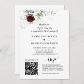 QR-code Burgundy Floral Greenery Gold Wedding Kaart (Voorkant / Achterkant)