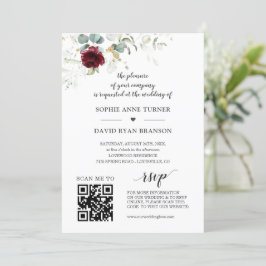 QR-code Burgundy Floral Greenery Gold Wedding Kaart