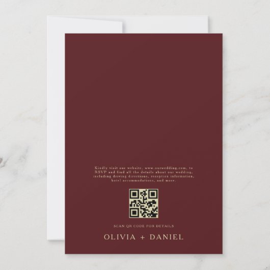 QR-code Burgundy & Gouden Monogram Blad Bruiloft Kaart (Achterkant)