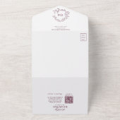 QR Code Burgundy Leafy Crest Monogram Weddenschap All In One Uitnodiging (Buitenkant)