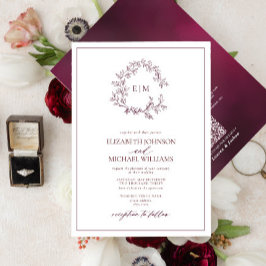 QR Code Burgundy Leafy Crest Monogram Weddenschap Kaart