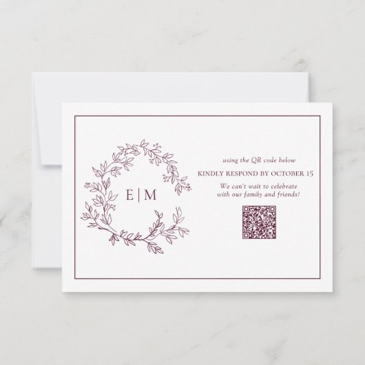 QR Code Burgundy Leafy Crest Monogram Weddenschap RSVP Kaartje (Achterkant)