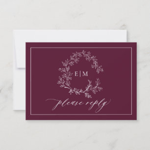 QR Code Burgundy Leafy Crest Monogram Weddenschap RSVP Kaartje