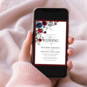QR-code Burgundy & Navy Floral Waterverf Script Kaart