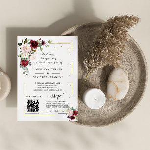 QR-code Burgundy Pink Floral Gold Wedding Kaart
