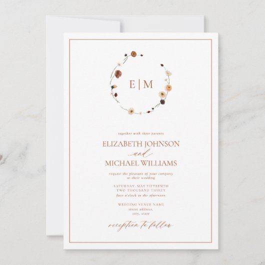 QR Code Burnt Rust Floral Wreator Monogram Weddens Kaart (Voorkant)