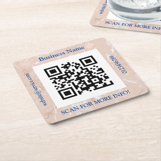 QR Code Bus. Name, Website Promo, Rose Gold Marble Kartonnen Onderzetters (Schuin)
