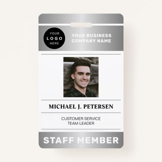 QR code business logo employee photo silver ID Badge (Voorkant)