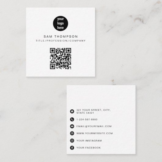 QR Code Business Logo Modern minimalistisch Vierkante Visitekaartje (Voorkant / Achterkant)