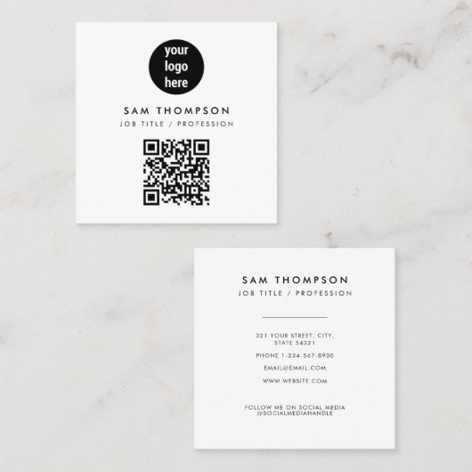 QR-code Business Logo Modern minimalistisch wit Vierkante Visitekaartje (Voorkant / Achterkant)
