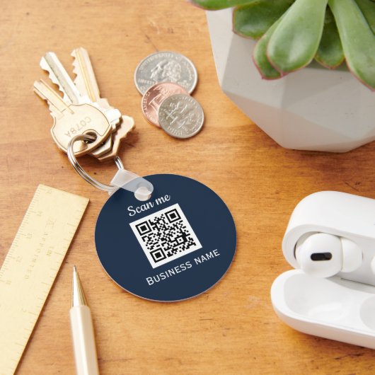 QR Code Business Logo Professional Navy Blue Sleutelhanger (Bureau)