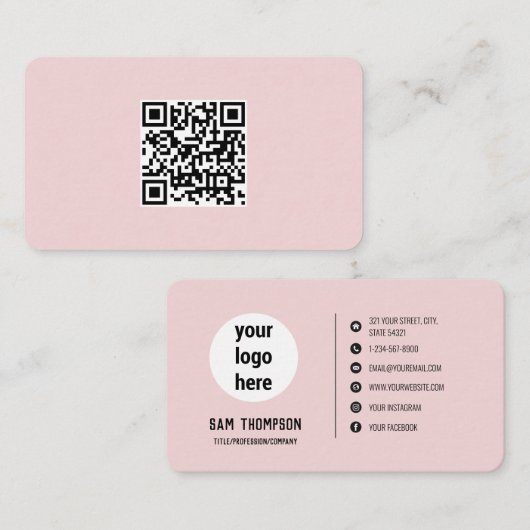 QR Code Business Logo Roze Minimale Visitekaartje (Voorkant / Achterkant)