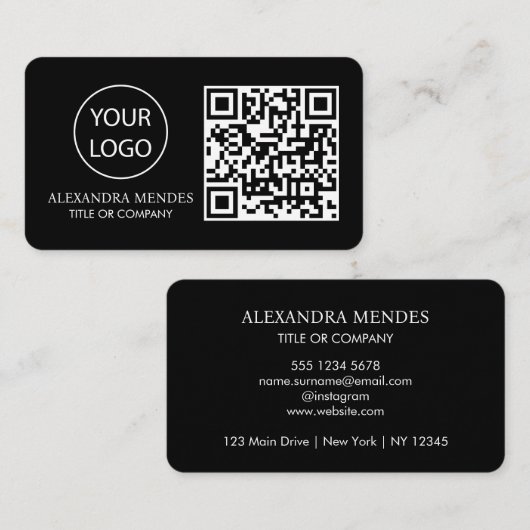 QR Code Business Logo, Zwart Modern Professional Visitekaartje (Voorkant / Achterkant)