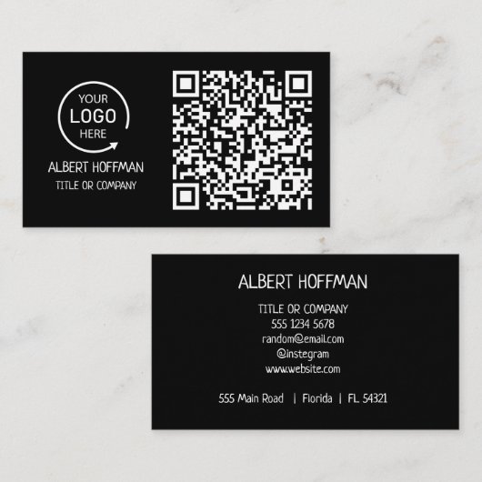 QR Code Business Logo | Zwarte moderne professiona Contactkaartje (Voorkant / Achterkant)