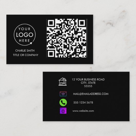 QR Code Business Logo | Zwarte moderne professiona Visitekaartje (Voorkant / Achterkant)