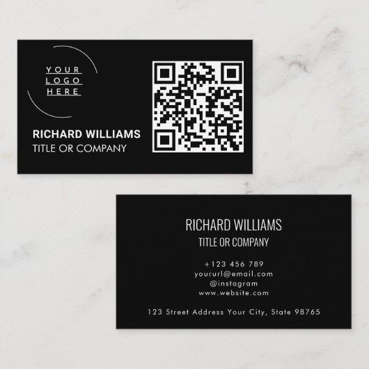 QR Code Business Logo | Zwarte moderne professiona Visitekaartje (Voorkant / Achterkant)