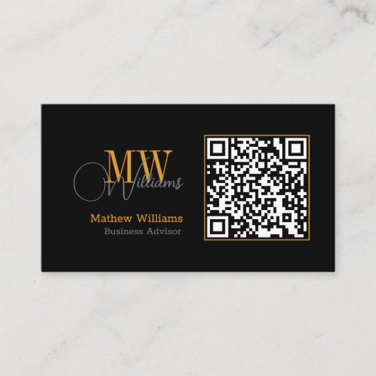 QR Code Business, Modern | Zwart monogram Pro Visitekaartje (Voorkant)