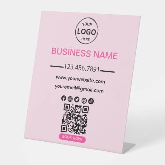 QR Code Business Spa Logo Social Media Roze Reclamebord Met Voetstuk (Voorkant)