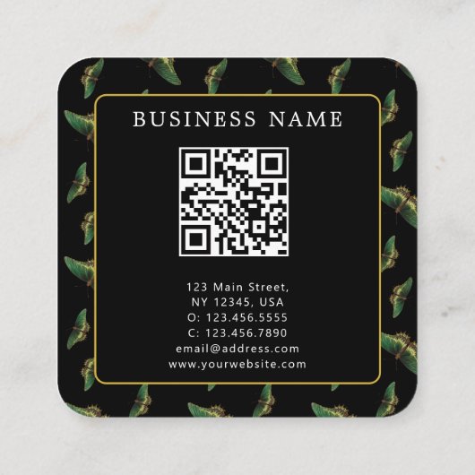 QR-code  Butterfly Black Vierkante Visitekaartje (Achterkant)