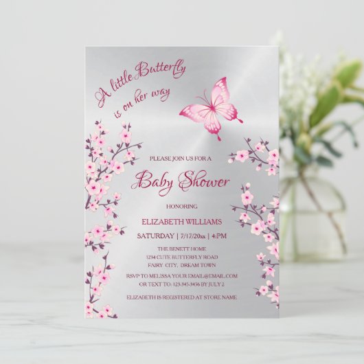 QR-code | Butterfly Silver | Meisje Baby shower Kaart (Staand voorkant)