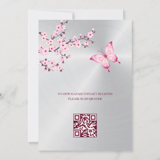 QR-code | Butterfly Silver | Meisje Baby shower Kaart (Achterkant)