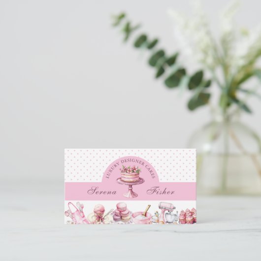 QR Code Cake Baker Polka Dot Chic Pink Business Visitekaartje (Staand voorkant)