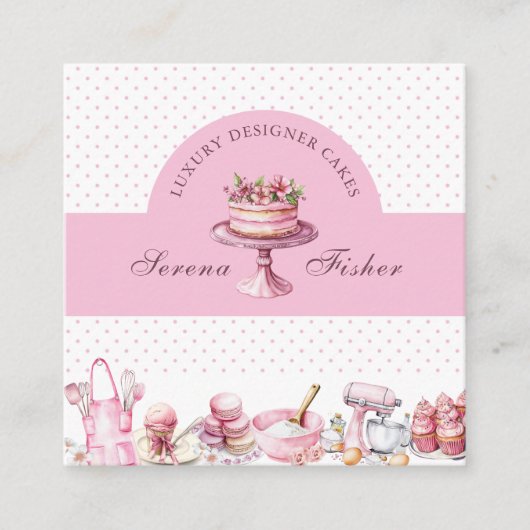 QR Code Cake Baker Polka Dot Chic Pink Vierkante Visitekaartje (Voorkant)