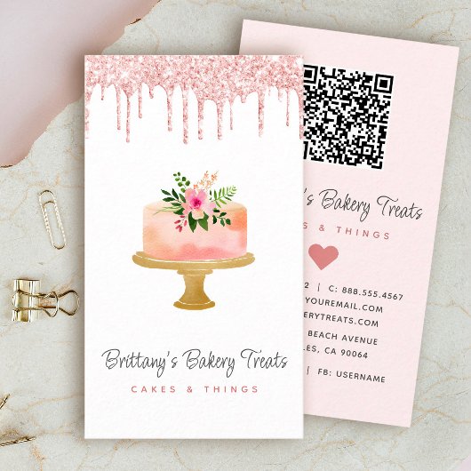 QR Code Cake Blush Roze Glitter Druppels Gebak Che Visitekaartje
