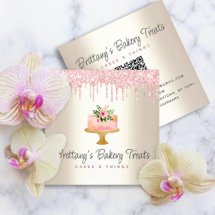 QR Code Cake Blush Roze Glitter Druppels Goud Bakk Vierkante Visitekaartje
