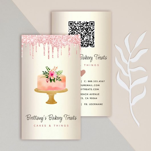 QR Code Cake Blush Roze Glitter Druppels Goud Bakk Visitekaartje