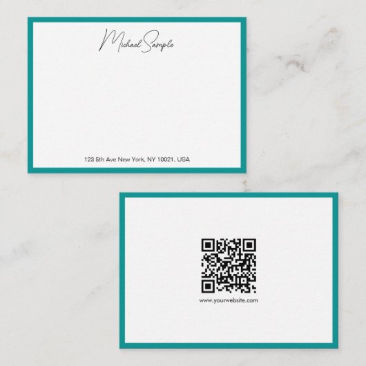 QR-code Calligrafie Script Naam Wit en Teal Notitiekaartje (Voorkant / Achterkant)