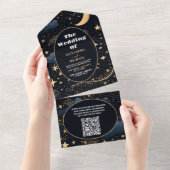 QR Code Celestial Midnight Blue Sterren Maan Bruil All In One Uitnodiging (Afscheurbaar)