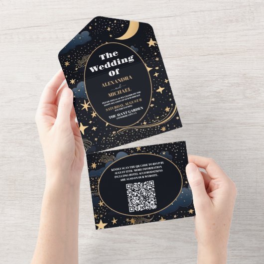 QR Code Celestial Midnight Blue Sterren Maan Bruil All In One Uitnodiging (Afscheurbaar)
