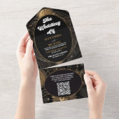 QR Code Celestial Zwart Goud Bruiloft All In One Uitnodiging (Afscheurbaar)