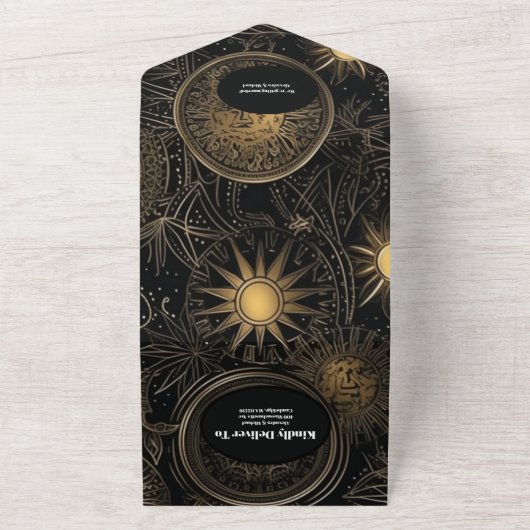 QR Code Celestial Zwart Goud Bruiloft All In One Uitnodiging (Buitenkant)