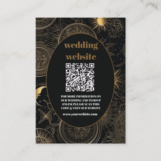 qr code Celestial Zwart Goud Bruiloft Informatiekaartje (Voorkant)