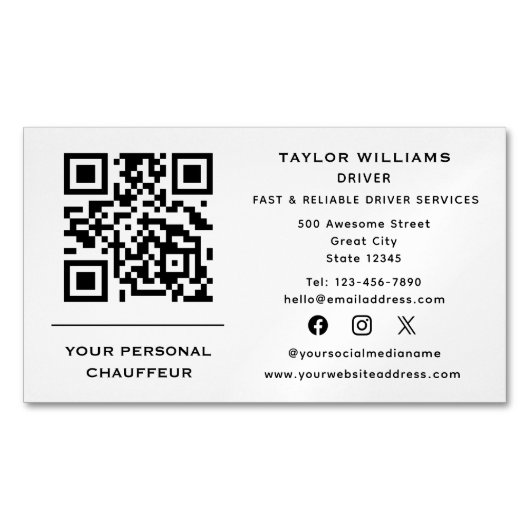 QR Code Chauffeur Service Taxi Driver Sociale Medi Magnetisch Visitekaartje (Voorkant)
