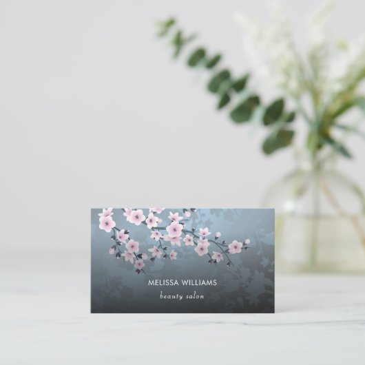 Qr-code | Cherry Blossom Dark Floral Visitekaartje (Staand voorkant)