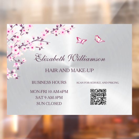 QR-code | Cherry Blossom Pink Silver Salon Raamsticker (Vel 2)