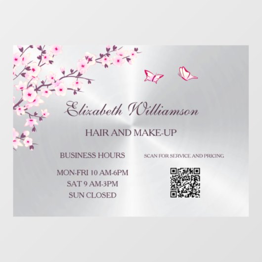 QR-code | Cherry Blossom Pink Silver Salon Raamsticker (Vel)